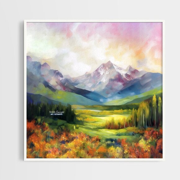 8x8 Majestic Colorful‎ Landscape Mountains Watercolor Oil Painting Art Print - Picture 6 of 6